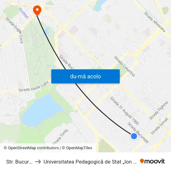 Harta de Str. București către Universitatea Pedagogică de Stat „Ion Creangă”