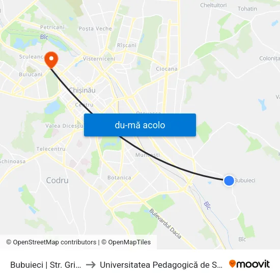 Harta de Bubuieci | Str. Grigore Vieru către Universitatea Pedagogică de Stat „Ion Creangă”