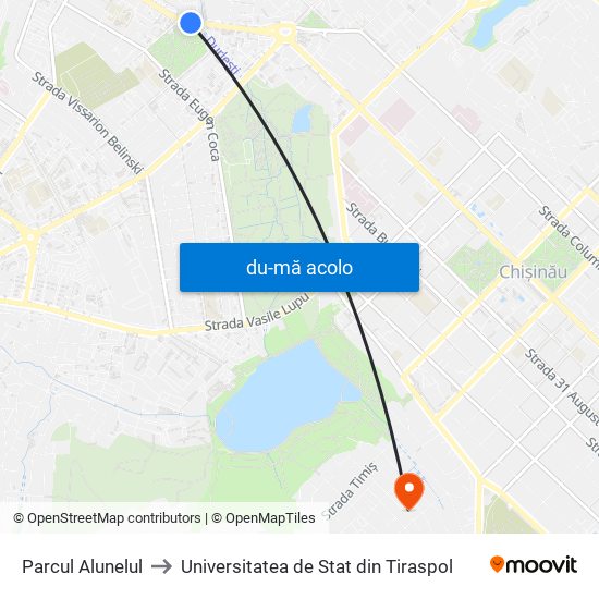 Harta de Parcul Alunelul către Universitatea de Stat din Tiraspol