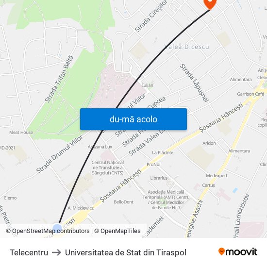 Harta de Telecentru către Universitatea de Stat din Tiraspol