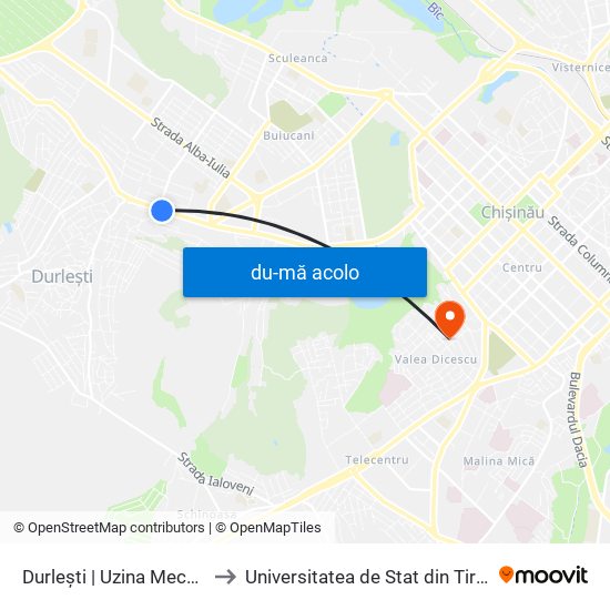 Harta de Durlești | Uzina Mecanică către Universitatea de Stat din Tiraspol