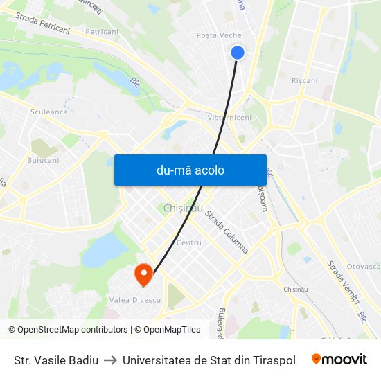 Harta de Str. Vasile Badiu către Universitatea de Stat din Tiraspol