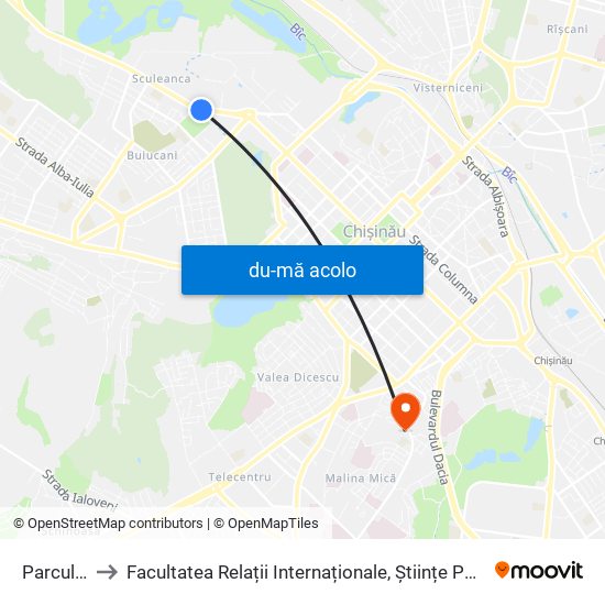 Harta de Parcul Alunelul către Facultatea Relații Internaționale, Științe Politice și Administrative (FRIȘPA) a USM