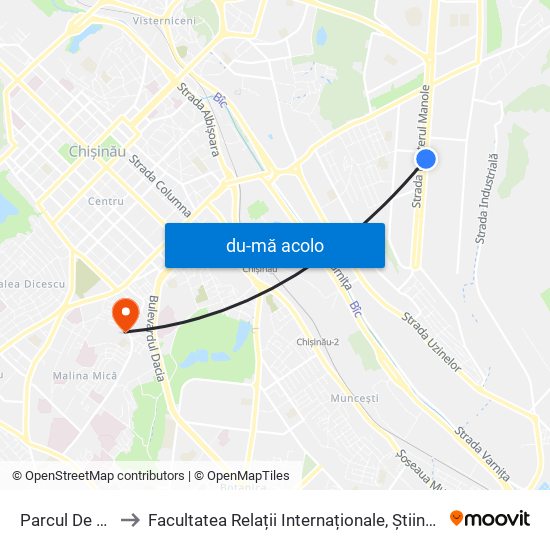 Harta de Parcul De Troleibuze Nr. 3 către Facultatea Relații Internaționale, Științe Politice și Administrative (FRIȘPA) a USM