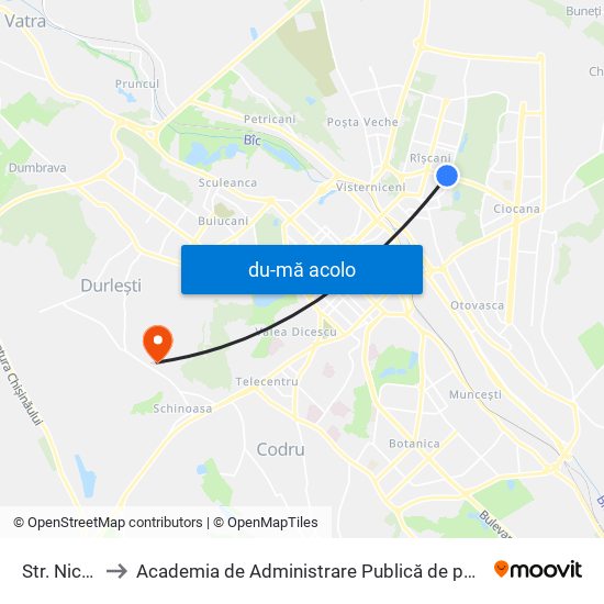 Harta de Str. Nicolae Dimo către Academia de Administrare Publică de pe lângă Președintele Republicii Moldova