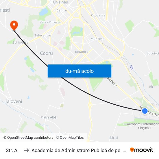 Harta de Str. Aeroport către Academia de Administrare Publică de pe lângă Președintele Republicii Moldova