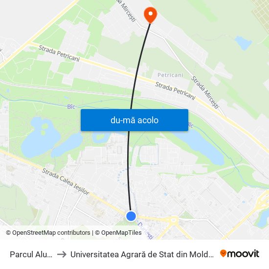 Harta de Parcul Alunelul către Universitatea Agrară de Stat din Moldova (UASM)