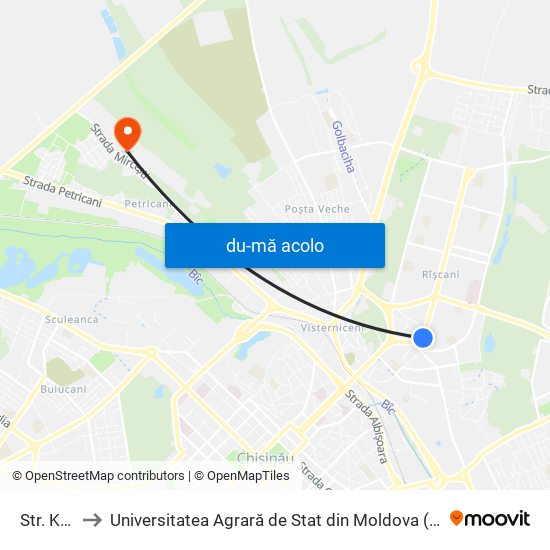 Harta de Str. Kiev către Universitatea Agrară de Stat din Moldova (UASM)