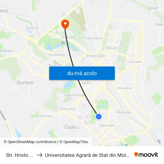 Harta de Str. Hristo Botev către Universitatea Agrară de Stat din Moldova (UASM)