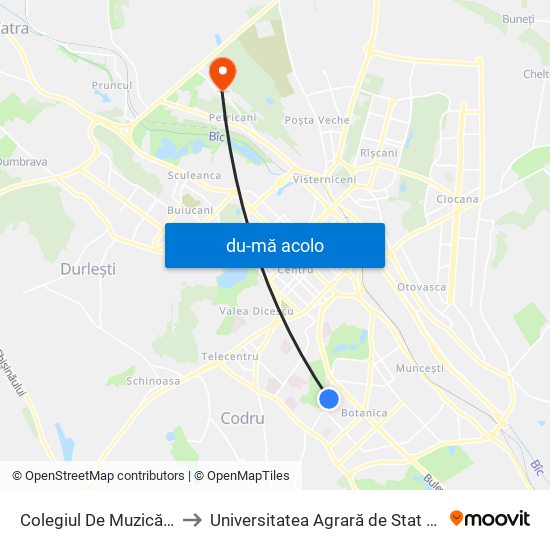 Harta de Colegiul De Muzică Ștefan Neaga către Universitatea Agrară de Stat din Moldova (UASM)