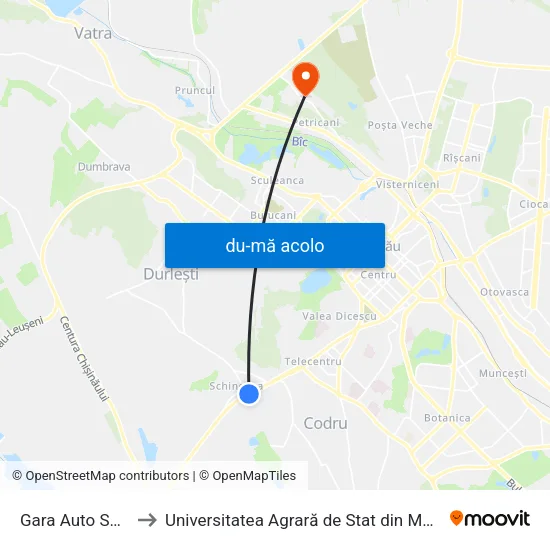 Harta de Gara Auto Sud-Vest către Universitatea Agrară de Stat din Moldova (UASM)
