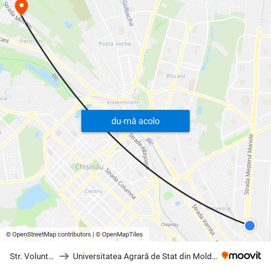 Harta de Str. Voluntarilor către Universitatea Agrară de Stat din Moldova (UASM)