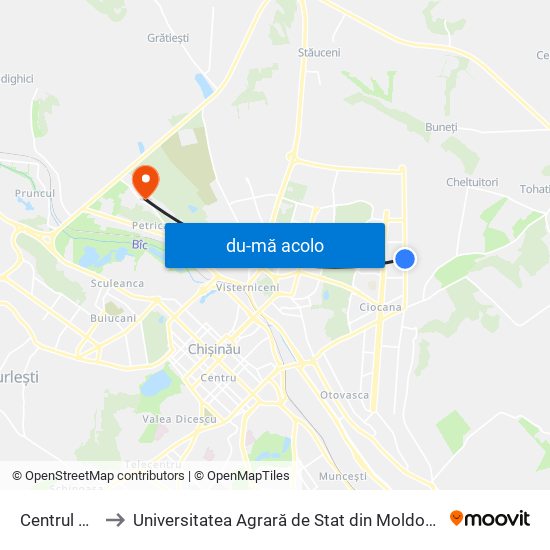 Harta de Centrul Civic către Universitatea Agrară de Stat din Moldova (UASM)