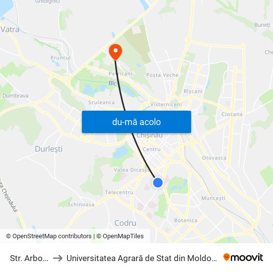 Harta de Str. Arborilor către Universitatea Agrară de Stat din Moldova (UASM)