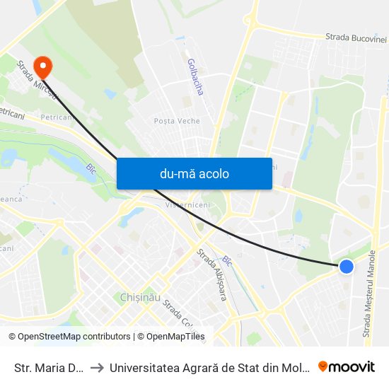 Harta de Str. Maria Drăgan către Universitatea Agrară de Stat din Moldova (UASM)