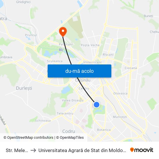 Harta de Str. Melestiu către Universitatea Agrară de Stat din Moldova (UASM)