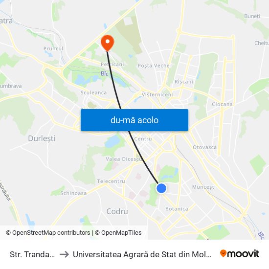 Harta de Str. Trandafirilor către Universitatea Agrară de Stat din Moldova (UASM)