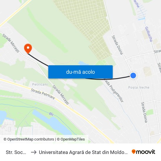 Harta de Str. Socoleni către Universitatea Agrară de Stat din Moldova (UASM)