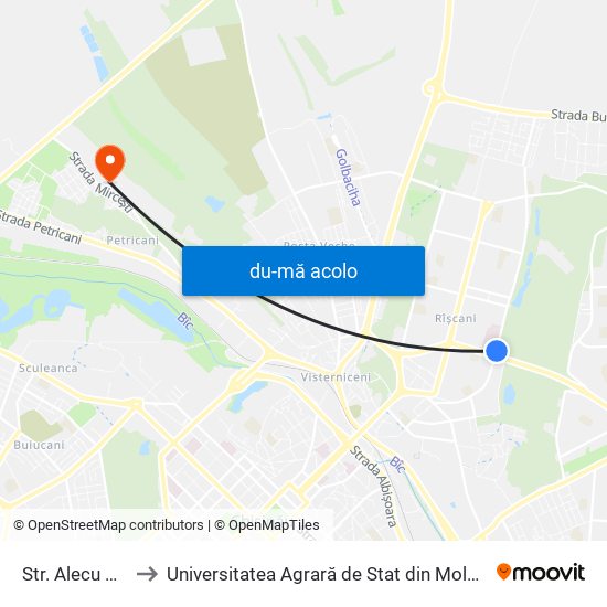 Harta de Str. Alecu Russo către Universitatea Agrară de Stat din Moldova (UASM)