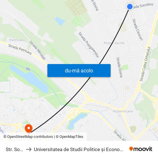 Harta de Str. Socoleni către Universitatea de Studii Politice și Economice Europene (USPEE)