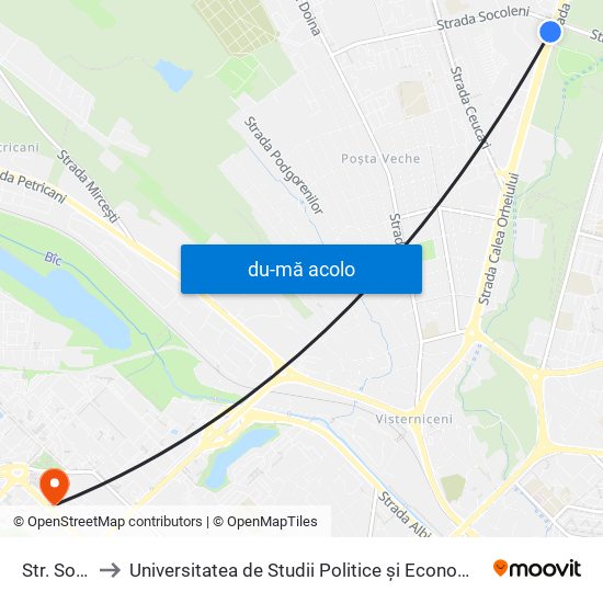 Harta de Str. Socoleni către Universitatea de Studii Politice și Economice Europene (USPEE)