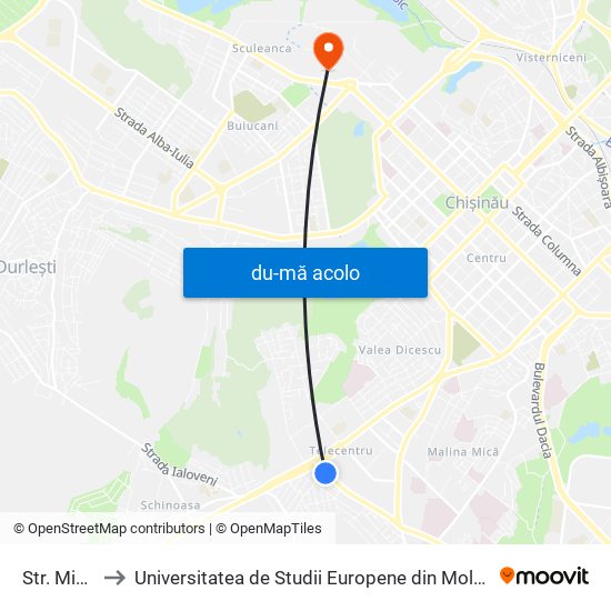 Harta de Str. Miorița către Universitatea de Studii Europene din Moldova (USEM)