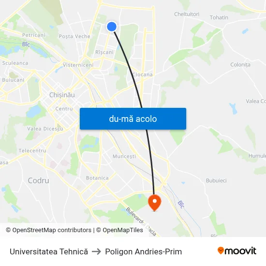 Harta de Universitatea Tehnică către Poligon Andries-Prim