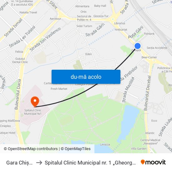 Harta de Gara Chișinău către Spitalul Clinic Municipal nr. 1 „Gheorghe Paladi”
