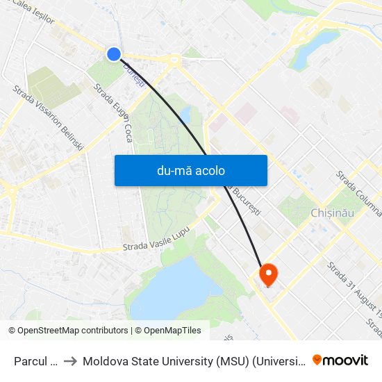 Harta de Parcul Alunelul către Moldova State University (MSU) (Universitatea de Stat din Moldova (USM))
