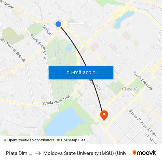 Harta de Piața Dimitrie Cantemir către Moldova State University (MSU) (Universitatea de Stat din Moldova (USM))