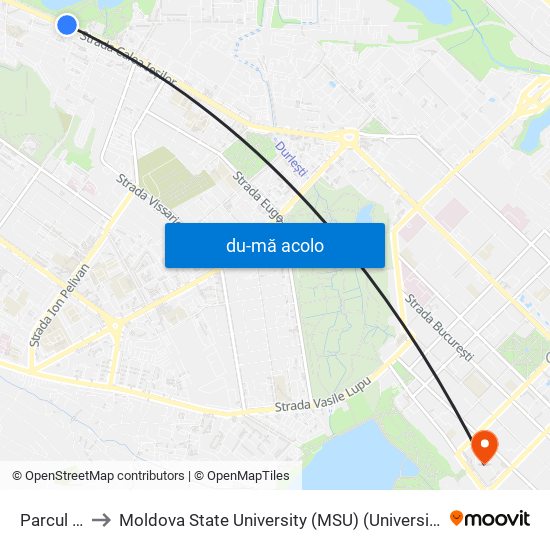 Harta de Parcul La Izvor către Moldova State University (MSU) (Universitatea de Stat din Moldova (USM))