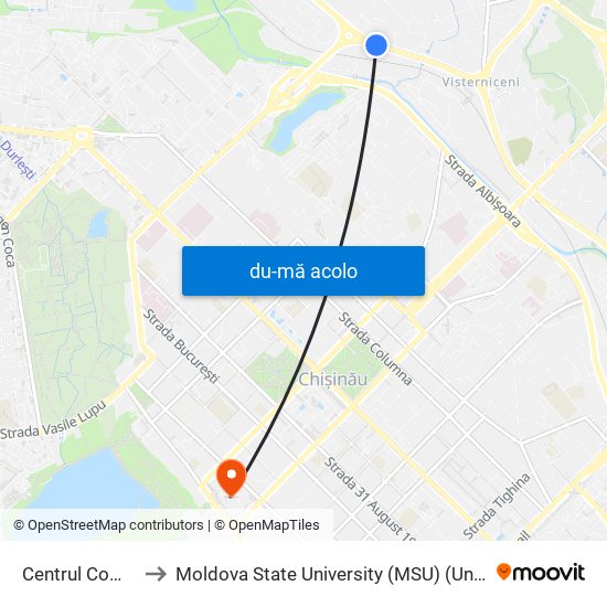 Harta de Centrul Comercial Supraten către Moldova State University (MSU) (Universitatea de Stat din Moldova (USM))