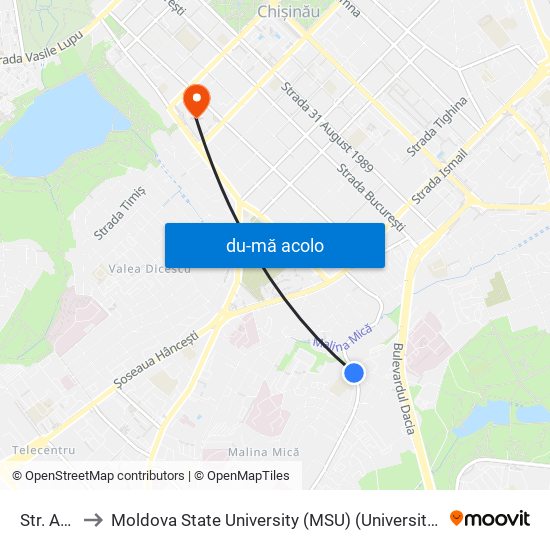 Harta de Str. Arborilor către Moldova State University (MSU) (Universitatea de Stat din Moldova (USM))