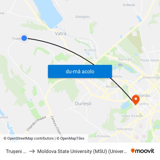 Harta de Trușeni | Primăria către Moldova State University (MSU) (Universitatea de Stat din Moldova (USM))