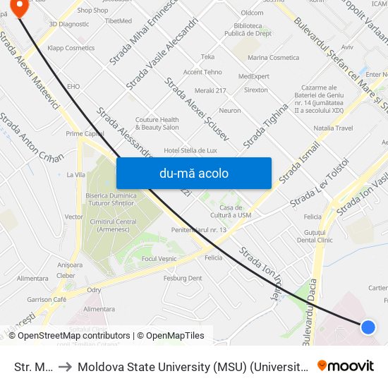 Harta de Str. Melestiu către Moldova State University (MSU) (Universitatea de Stat din Moldova (USM))