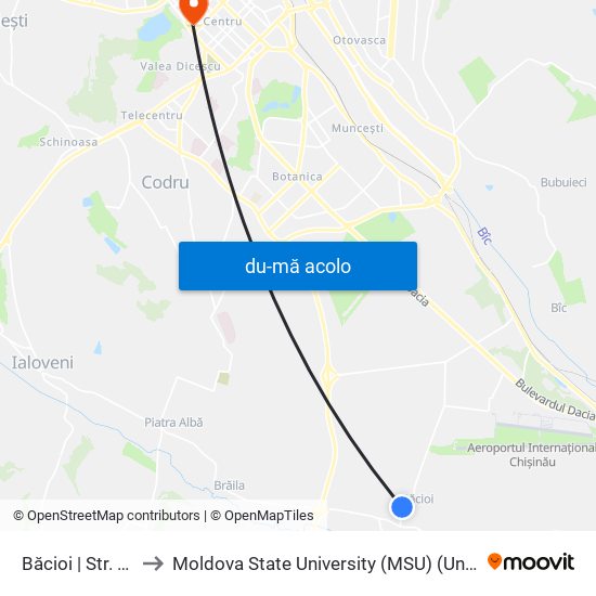 Harta de Băcioi | Str. Mihai Eminescu către Moldova State University (MSU) (Universitatea de Stat din Moldova (USM))