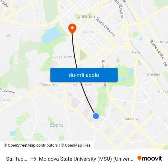 Harta de Str. Tudor Strișcă către Moldova State University (MSU) (Universitatea de Stat din Moldova (USM))