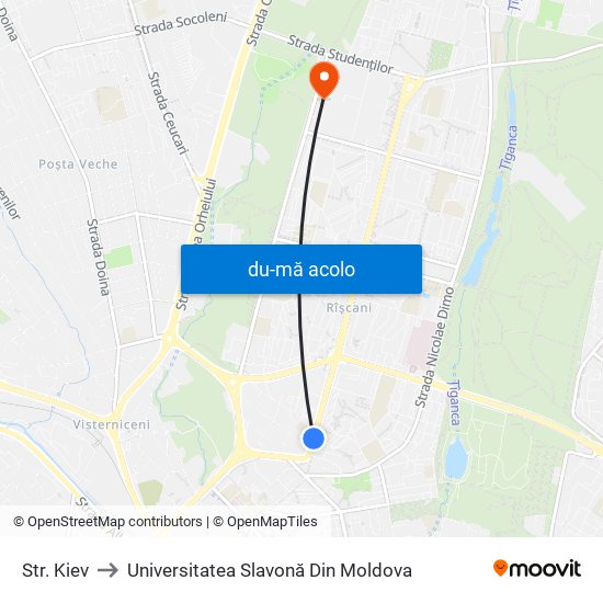 Harta de Str. Kiev către Universitatea Slavonă Din Moldova