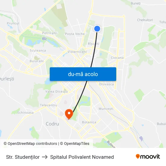 Harta de Str. Studenților către Spitalul Polivalent Novamed