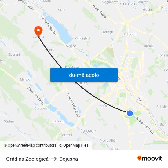 Harta de Grădina Zoologică către Cojușna