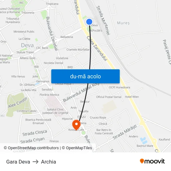 Harta de Gara Deva către Archia