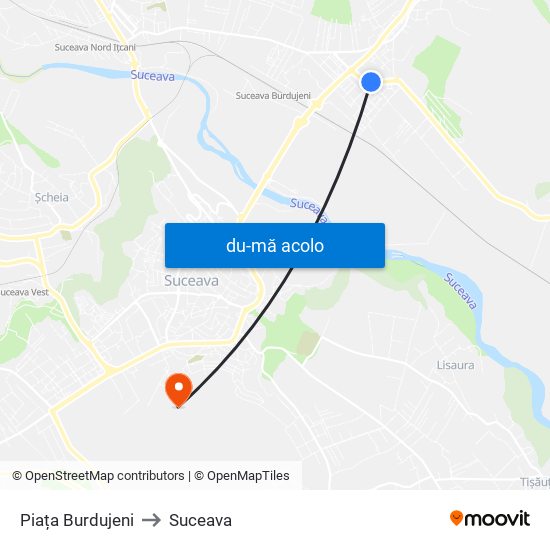 Harta de Piața Burdujeni către Suceava