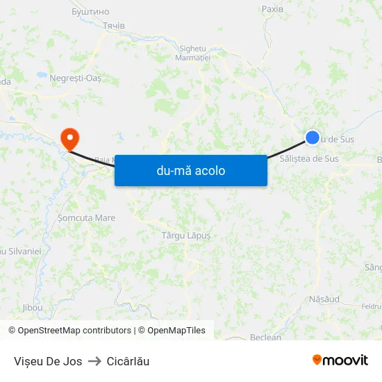 Harta de Vișeu De Jos către Cicârlău