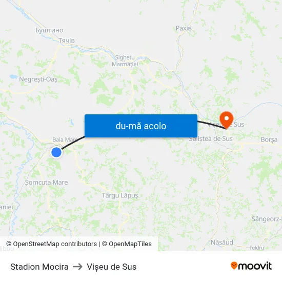 Harta de Stadion Mocira către Vișeu de Sus