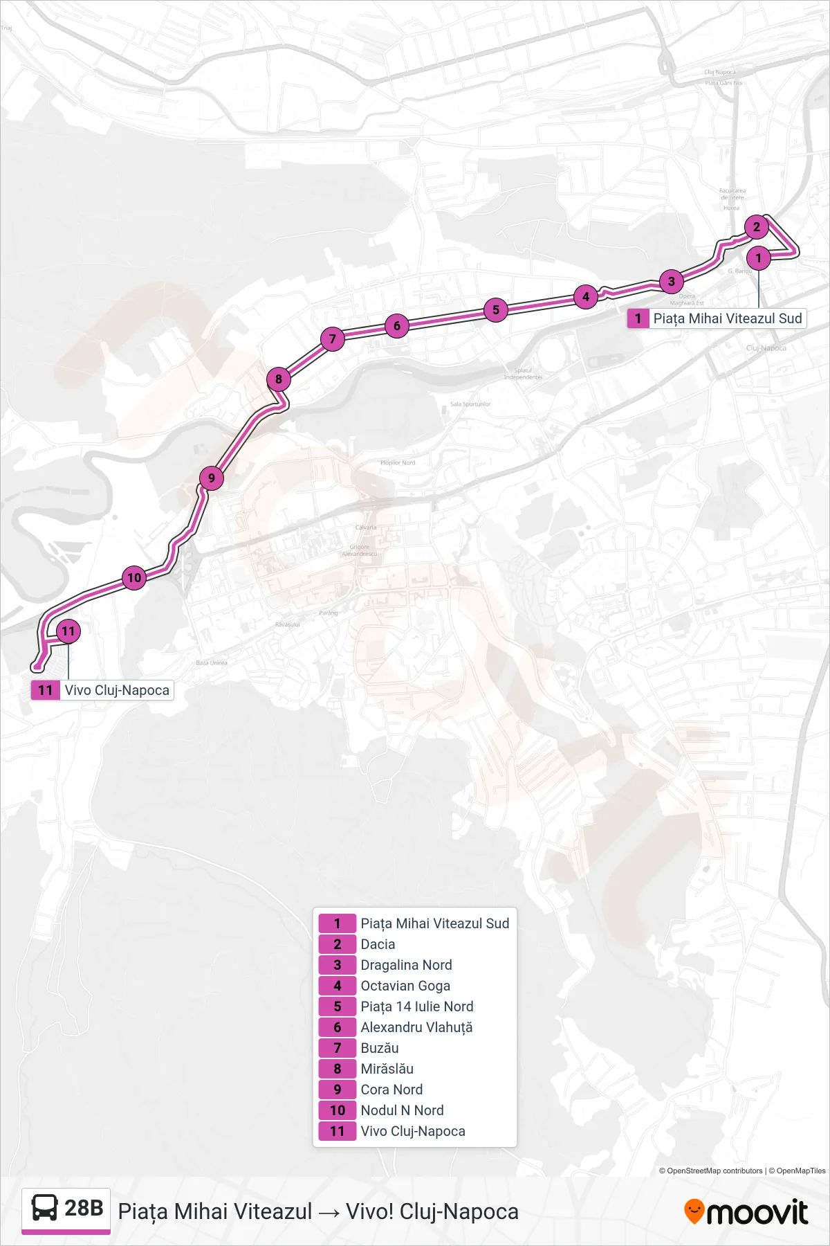 28B bus Line (Piața Mihai Viteazul → Vivo! Cluj-Napoca) route and stops on a map