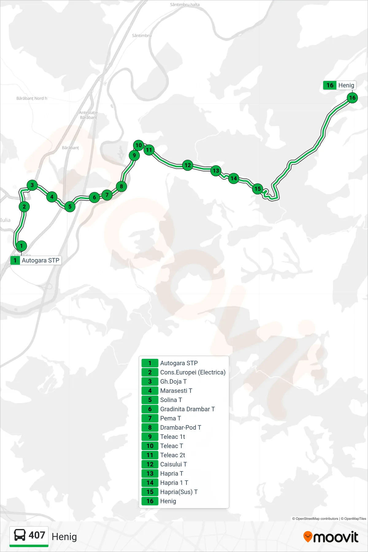 Linia autobuz 407 (Henig) - traseu și stații pe hartă