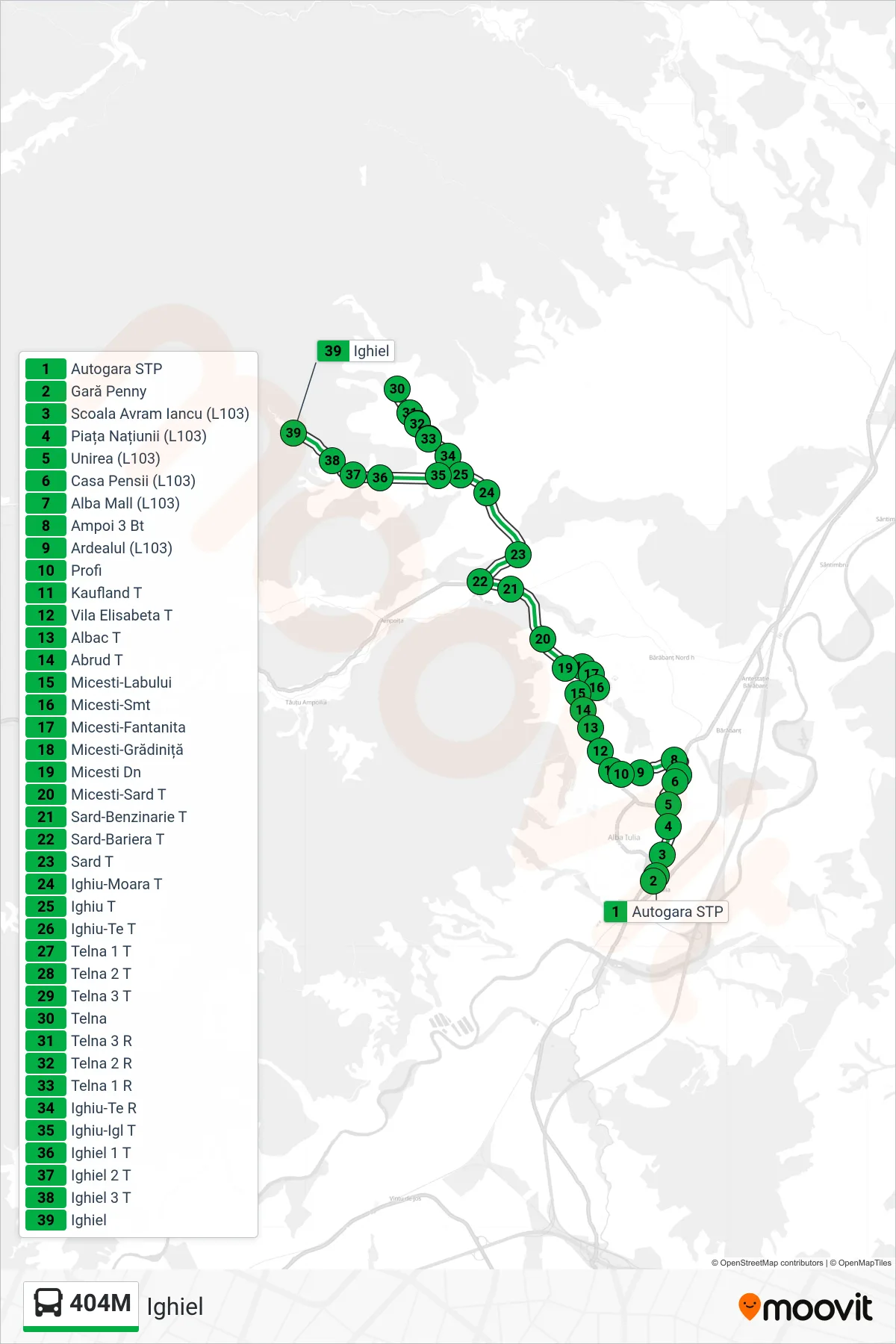 Linia autobuz 404M (Ighiel) - traseu și stații pe hartă