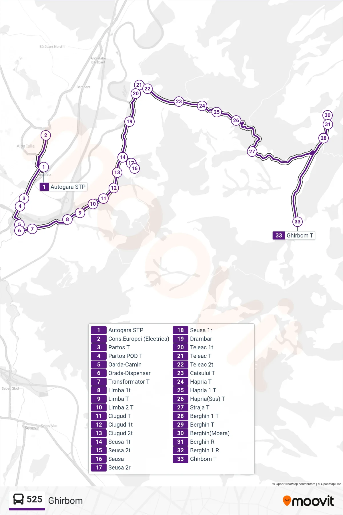 Linia autobuz 525 (Ghirbom) - traseu și stații pe hartă