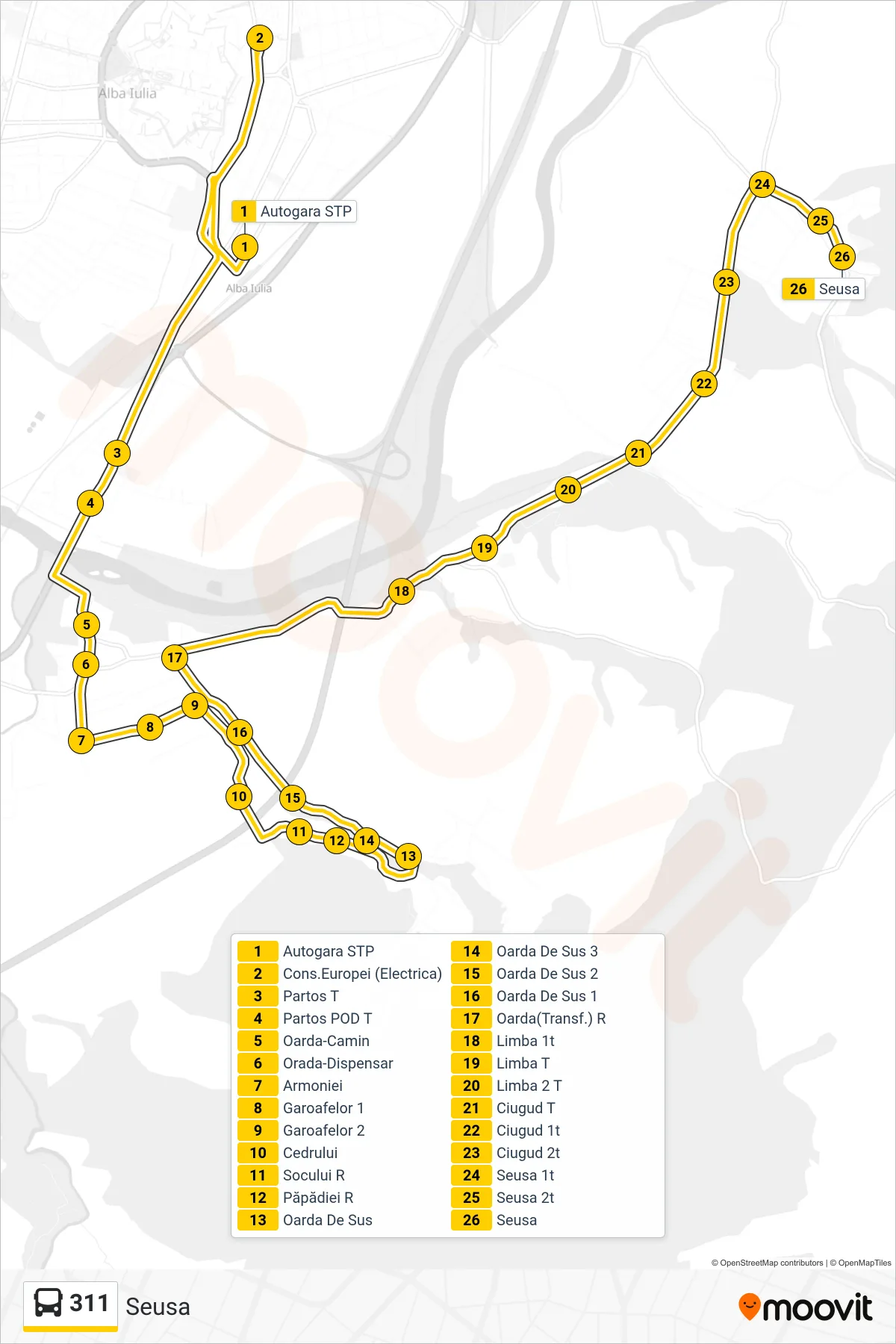 Linia autobuz 311 (Seusa) - traseu și stații pe hartă