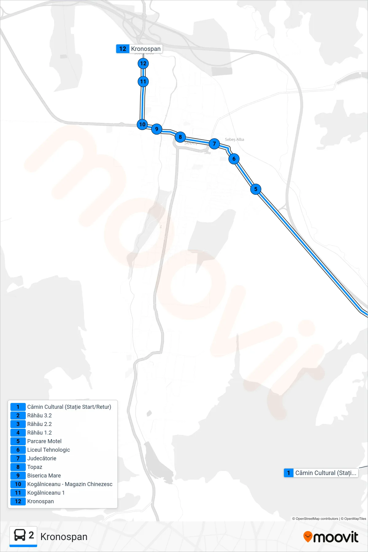 2 bus Line (Kronospan) route and stops on a map